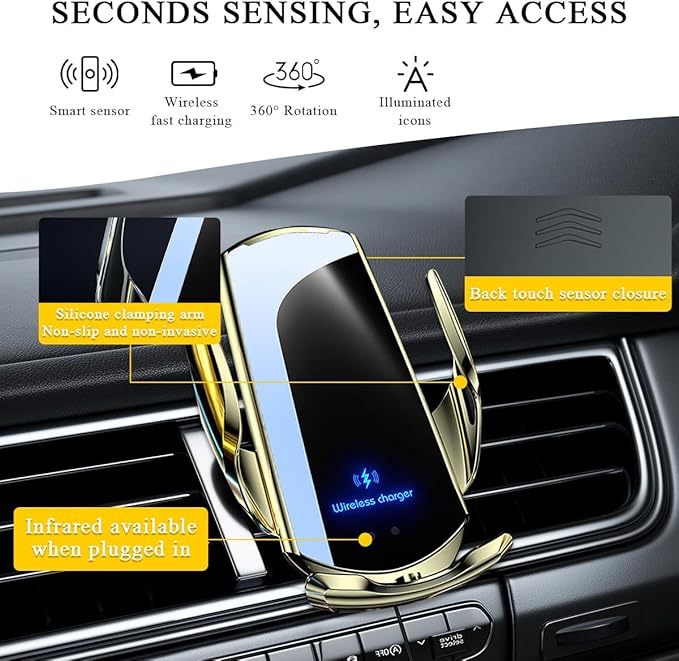 Wireless Car Charger Mount, 15W Automotive Electric Wireless Charger Holder, Car Air Vent Mount Bracket Fast Charging for Most Smartphone, Universal Car Accessories (Golden)