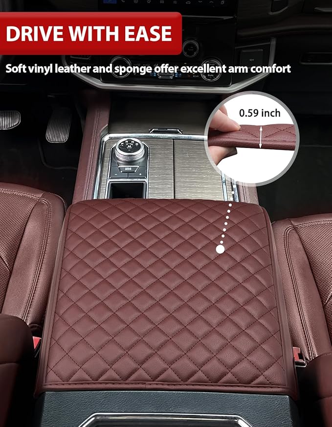 KBH Center Console Armrest Cover for 2018-2020 Ford F150, 2017-2022 F250-F450, 2018-2024 Expedition, Bucket Seat, PU Leather Cushion Pad, Anti-Scratch, Dark Marsala Brown (Not for Other Years)