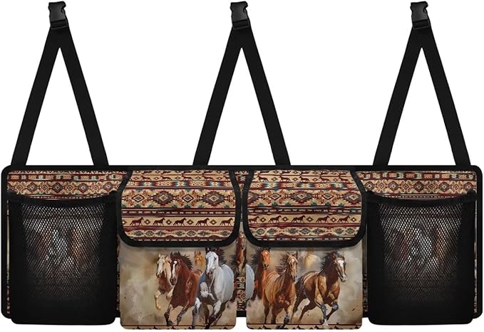 Back Seat Trunk Organizer Running Horses Tribal Hanging Car Organizer Trunk Foldable Cargo Storage with Pockets& 3 Adjustable Straps 37.01x11.81 inch