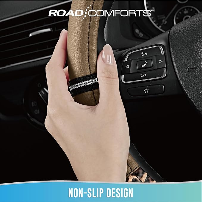 Road Comforts Leopard Steering Wheel Cover - Made with PVC Leather Cheetah Print - Anti-Slip, Universal Fit 14 1/2 inches to 15 inches - Beige