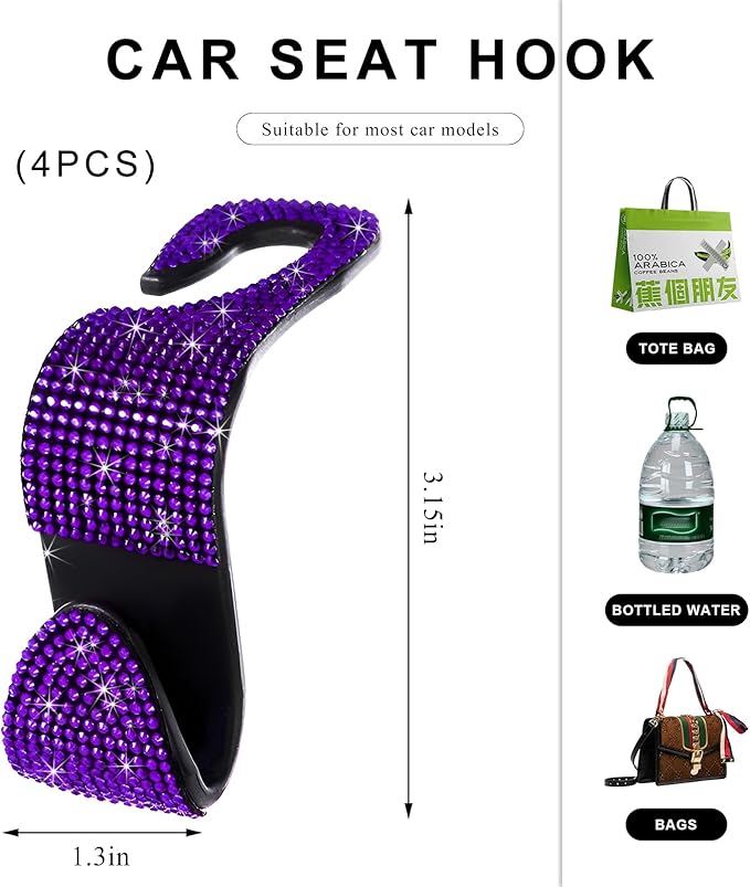 4 PCS Car Seat Headrest Hooks, Bling Crystal Rhinestone Back Seat Hanger Storage Organizer, Sparkly Seatback Holder Hooks for Purse and Bags Universal For Most Vehicles (Purple)