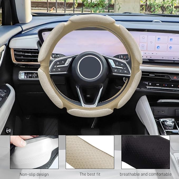 Car Steering Wheel Cover, Breathable Sporty Auto Wheels Wrap, 15 Inch Suede Steering Wheel Protector with Comfortable Grip, Steering Wheel Cover Hand Pad Cushion Slip-on for Cars (Beige)