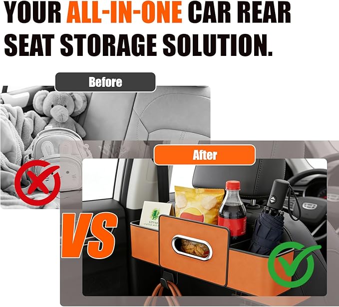 Car Backseat Organizer Multifunction Storage Box Vehicle Seat Accessories Cup Tissue Trash Hooks Phone Snack Drink Handbag Leather Interior Utility Portable Durable Easy Installation Secure(Black)