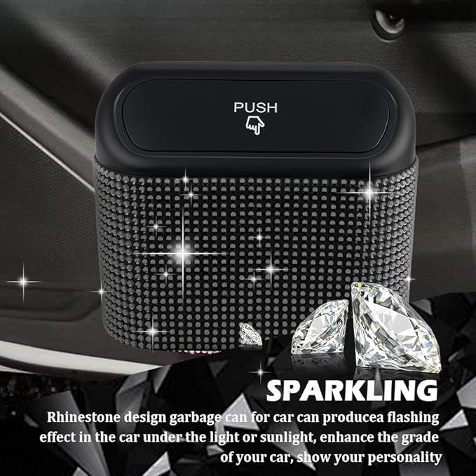Car Trash Can with Lid & Rhinestones Design,Push-on Car Trash Bin for Storing Trashes Items & Cars Decor Includes 30PCS Trashes Bag,Shiny Cars Garbage Can with Back Clip for Side Door (Black Diamond)