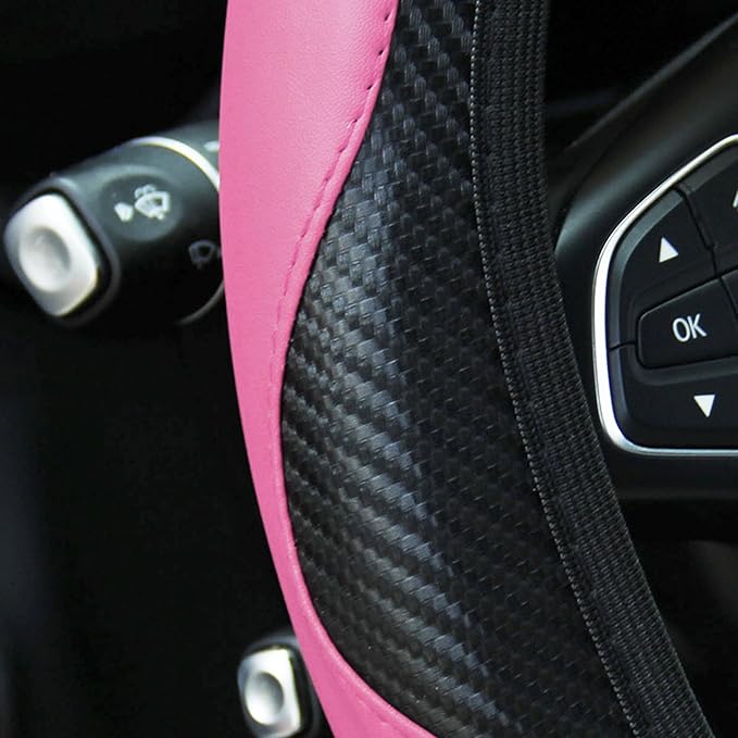 Car Steering Wheel Cover, 15 inch Carbon Fiber Microfiber PU Leather Elastic Steering Wheel Protector for Men Women, Anti-Slip Breathable Car Interior Accessories for Most Cars (Pink)
