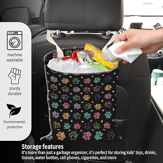 ADQWIOVL Car Garbage Can, Seat Back Hanging Cute Car Trash Can Bag, Car Organizer and Storage Bag for Travelling, Outdoor Cute Colorful Doodle Paw