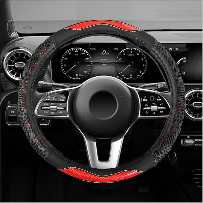 Carbon Fiber Steering Wheel Cover, Non-Slip Leather Steering Wheel Protector with 3D Honeycomb Design, Comfy Grip Breathable Sporty Auto Wheel Wrap for Most Cars Trucks SUVs (Red)