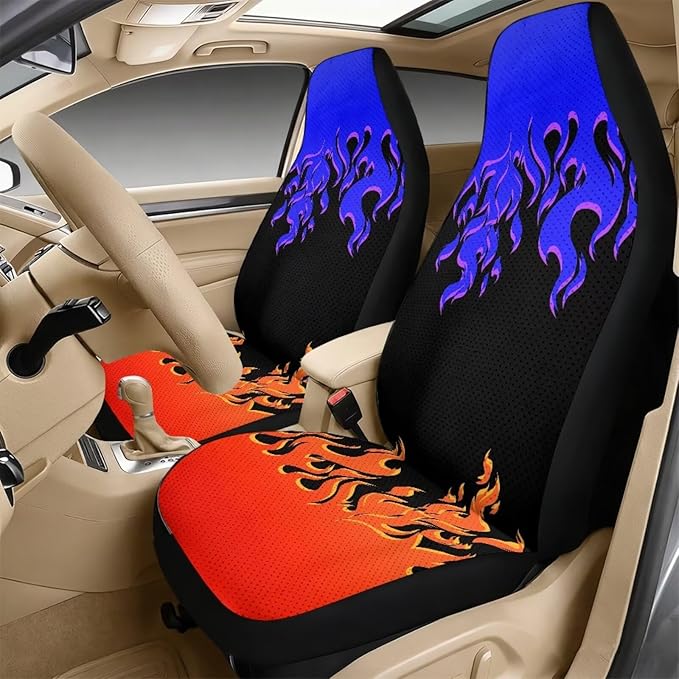 Qeluxign Flame Auto Seat Covers with Car Center Console Cover, Belt Cover PU Leather Breathable Full Set Bucket Seat Covers, Pack of 5, Universal Fit for Sedan,SUV