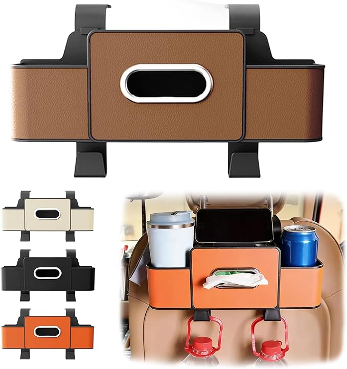 Car Seat Back Storage Box, 2026 New 3-in-1 Multifunctional Car Back Seat Organizer with Cup Holder, Tissue Box, Trash Bin & Hooks for Hold Phones, Snacks, Drinks, Handbags (Brown)