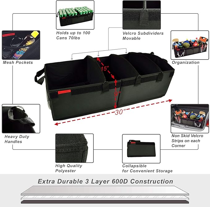 Picnic at Ascot Heavy Duty Rigid Base Trunk Organizer -70 LB Capacity - Adjustable Dividers - 30" wide x 15" deep - Designed & Quality Approved in the USA