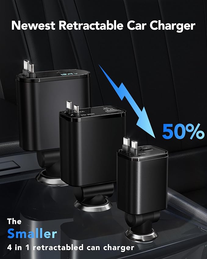 69W Fast Charging USB C Car Charger, 4-in-1 Retractable Phone Charger for iPhone 17, Travel Essentials, Gifts for Women Men, Car Accessories for Women Men, for iPhone 17 16 15 14 13, Galaxy, Pixel