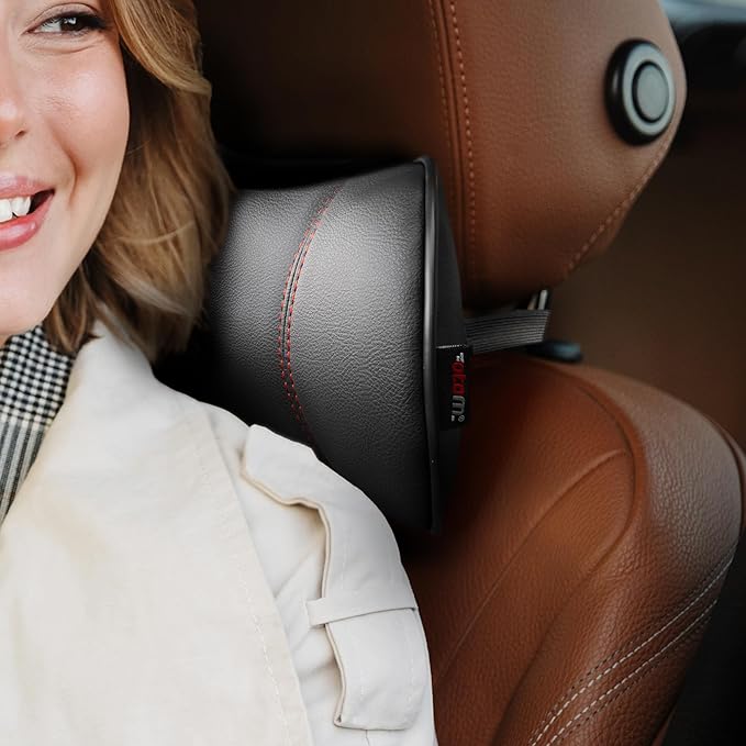 Otom Car Neck Pillow - Ergonomic Faux Leather Headrest Pillow for Driving Comfort | Travel Pillow Fits All Cars, Trucks, SUVs | Luxury Support (Black-Red)