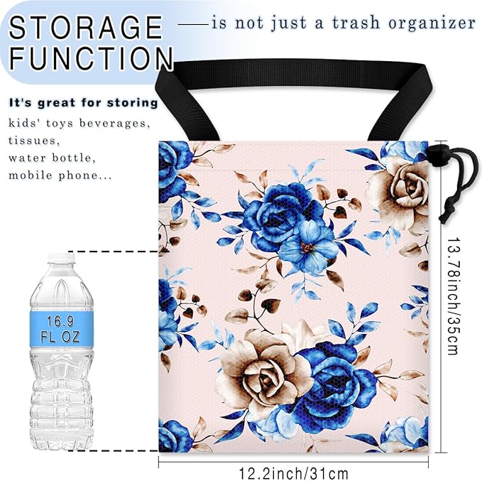 GEGEPINK Car Trash Bag Hanging Back of Seat Waterproof Small Cute Printed One-Handed Strap Drawstring Garbage Bags for Car-Blue Rose