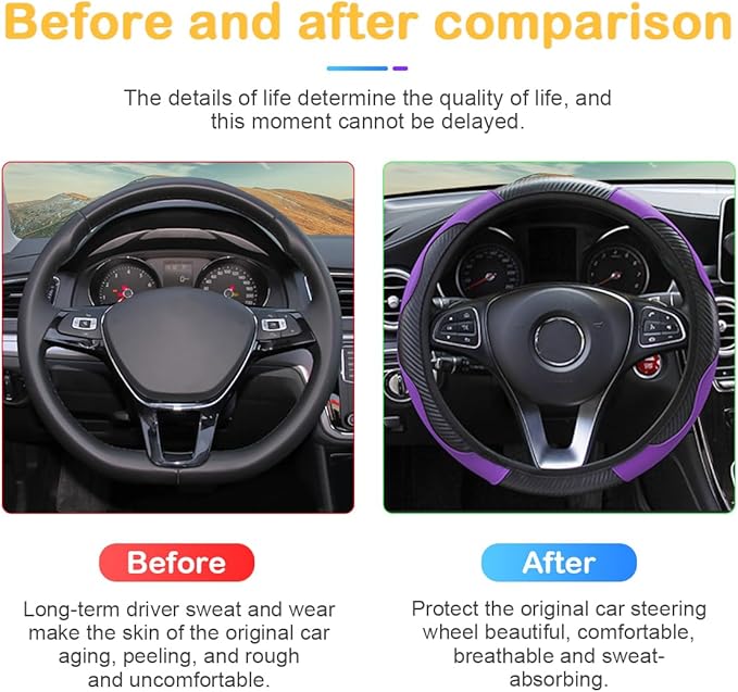 Car Steering Wheel Cover, 15 inch Carbon Fiber Microfiber PU Leather Elastic Steering Wheel Protector for Men Women, Anti-Slip Breathable Car Interior Accessories for Most Cars (Purple)