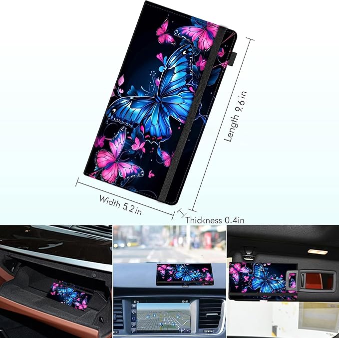 RAUEDWDJS Car Registration and Insurance Holder,Leather Vehicle Glove Box Organizer Wallet Case for Driver's License,ID Key Information Cards-Pink Blue Butterflies