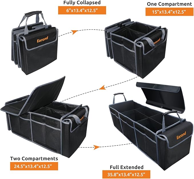 EAROND Collapsible Trunk Organizer with Insulated Leakproof Cooler Bag,Removable Lid,Adjustable Securing Straps,3 Compartments Trunk Organizer for SUV,Truck,Sedan(Grey & Black)