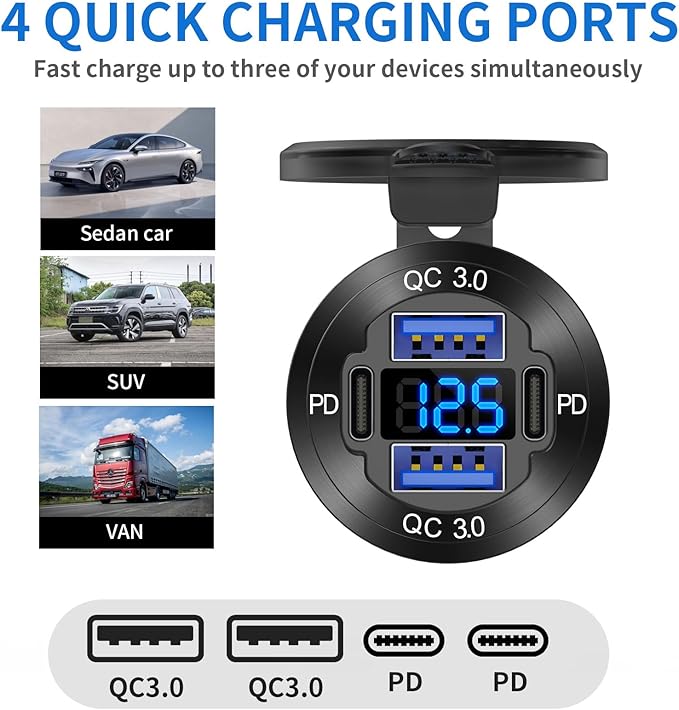 78W 12V USB Outlet 4 Port Car Charger Socket, Dual PD USB C and Dual Quick Charge 3.0 Port Aluminum Charger with Voltmeter DIY Kit Waterproof for Car Boat Marine Motorcycle RV ATV Truck Golf Cart, etc