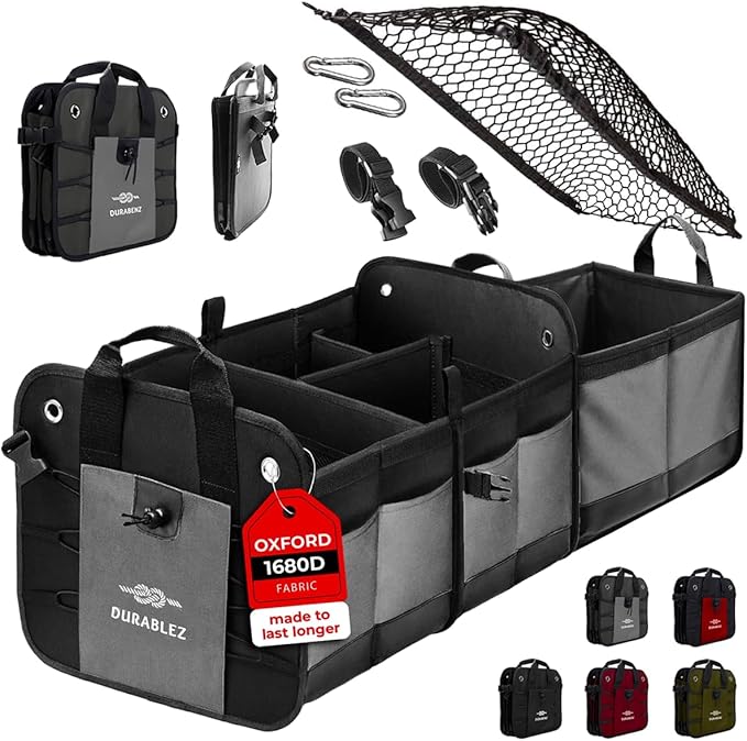 DURABLEZ 3-Section Modular Trunk Organizer XL – Car Storage for Groceries, Cleaning Supplies, Tools, Sports Gear – Foldable L-Shape Cargo Bin – Gray