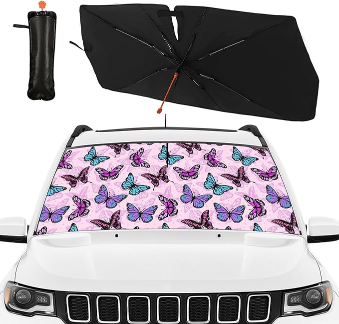 DOPINDU Butterfly Car Windshield Sun Shade Umbrella Bendable Handle Foldable Colorful Sunshade for Car Cute Front Window Shades Block UV Rays Protect Automotive Interior 57"x30"