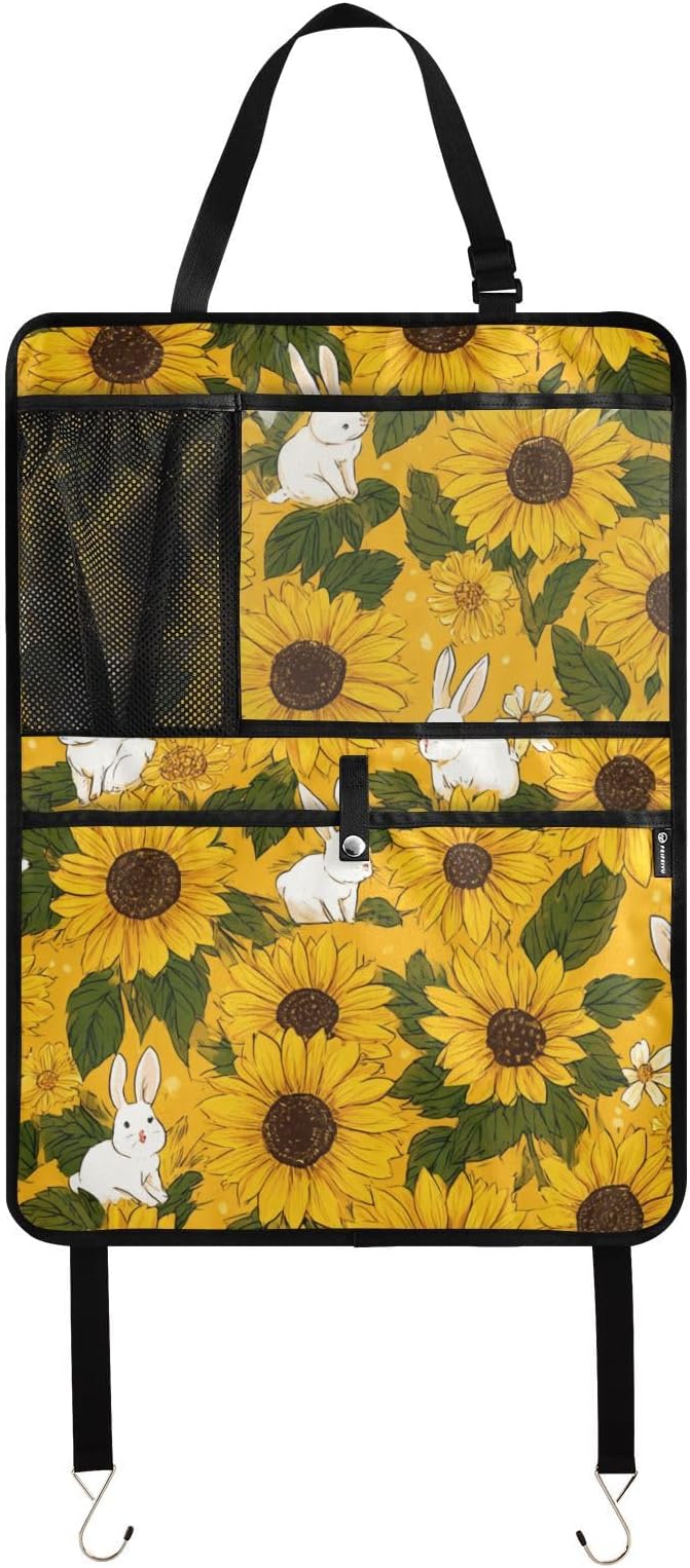 2 Pack Back Seat Car Organizer with Storage Pockets Kick Mats Back Seat Protector Hanging Car Organizer Automotive Seat Back Cover Organizers Autumn Sunflower and Cute Rabbit