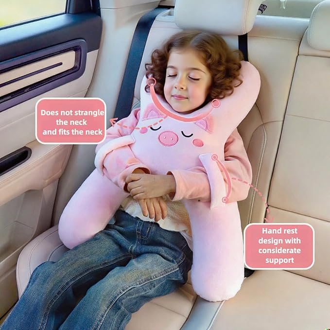 Car Pillow for Travel – Animal-Themed Car Seat Cushion with Safety Belt Protector – 4 Cute Styles: Pig, Dog, Rabbit, Panda (Panda)