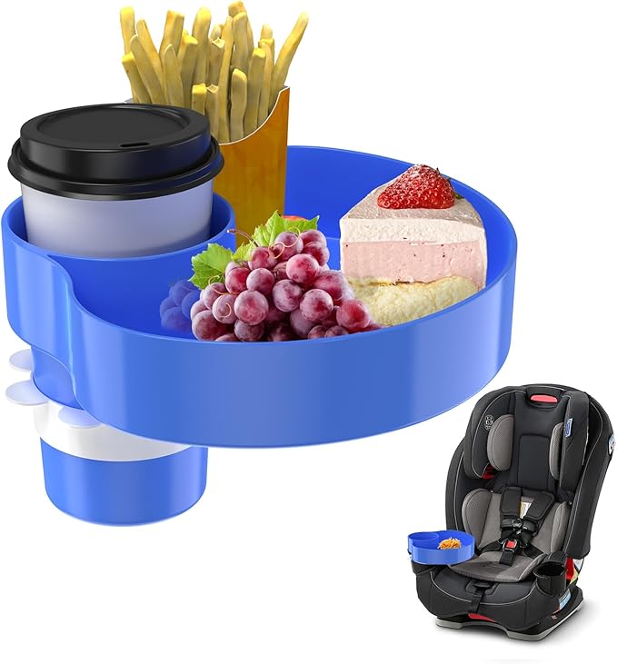 Kids Car Seat Tray, Travel Tray with Cup Holder for Toddler Baby, Kids Car Seat Food Snack Organizer for Road Trip, Stroller snack tray travel must haves - Blue