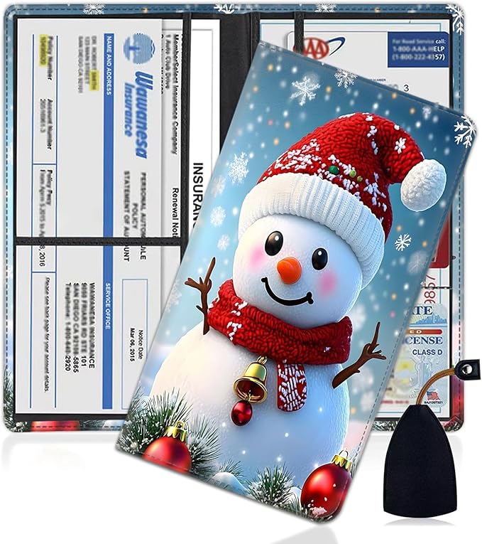 Car Registration Holder, PU Leather Vehicle Glove Box Organizer for Driver License, Document, Car Insurance Holder with Magnetic Shut, Auto Paperwork Wallet Accessories, Cute Christmas Snowman
