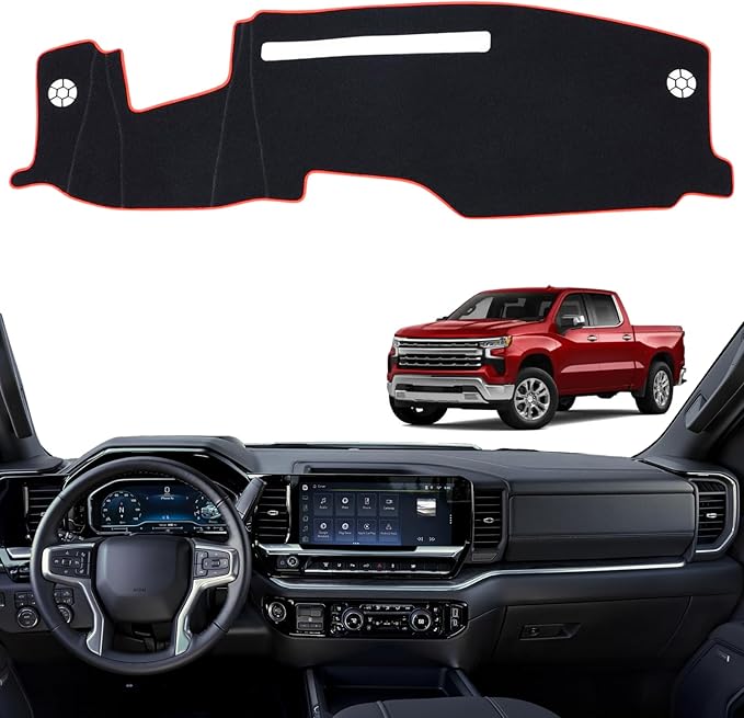 Non-Slip Dash Cover Mat Sunshield Protector Pad Compatible with Chevy Chevrolet Silverado 2022-2024 2025/ for GMC Sierra 1500 / Sierra 2500HD / 3500HD 2024 2025 Dashboard Cover (Red Trim)