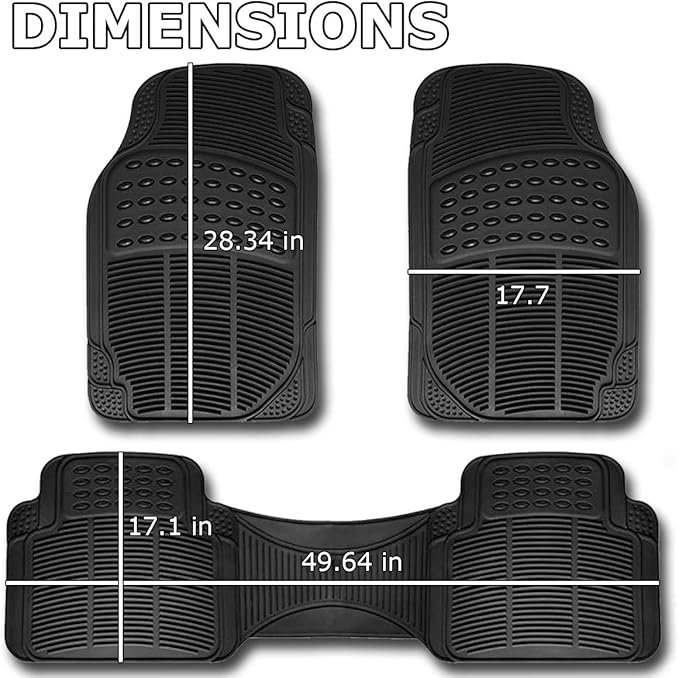 VaygWay Universal 3 Piece Heavy Duty Front and Rear Black Rubber Floor Mats - Premium Quality Trimmable Universal Fit All Weather Protection Floor Mats for Car Van SUV Truck