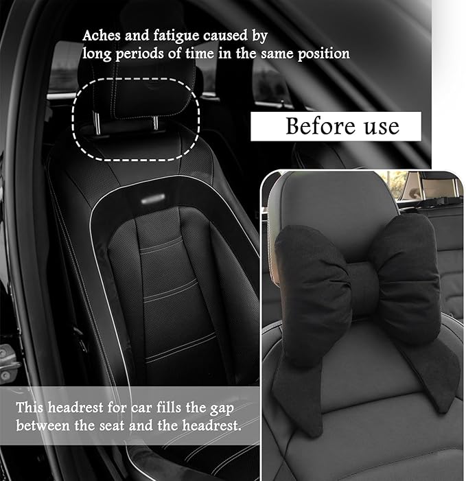 Cute Bow Car Headrest Pillow,Comfortable & Breathable Car Neck Pillows for Relief Neck Fatigue,Universal Head Rest Pillow for Cars Decoration as Birthday Gifts for Women,Girl (Black)