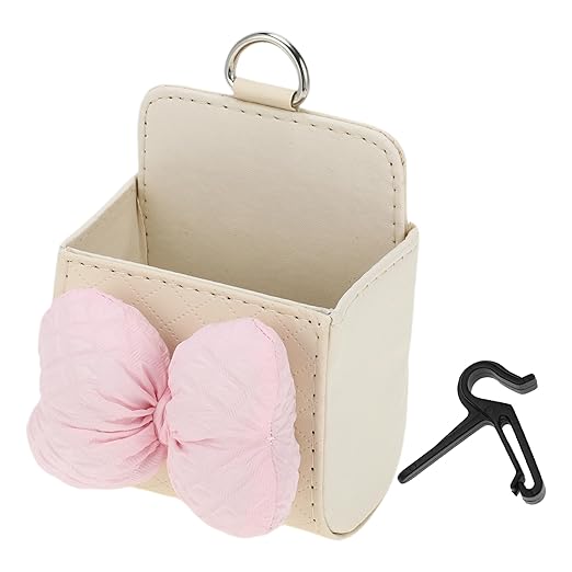 1 Pcs Car Trash Can Hanging Trash Bin 3.5" Length 2.0" Width 4.3" Height Pink Beige Faux Leather
