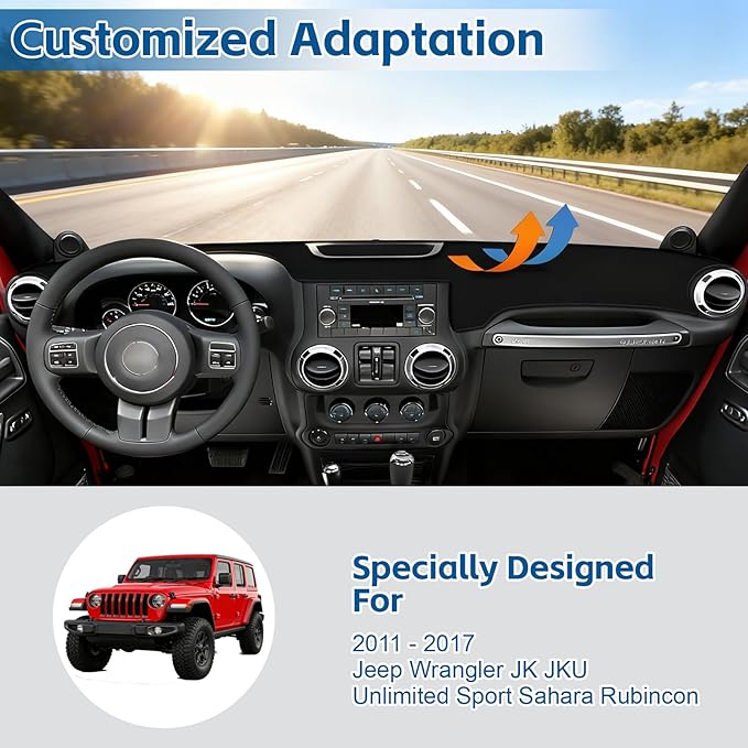 Dash Cover Mat Fit for Jeep Wrangler 2011 2012 2013 2014 2015 2016 2017 JK JKU Unlimited Sport Sahara Rubincon Accessories,Non-Slip Flannel Dashboard Cover Mat Sunshield Protector Sunshield Glare