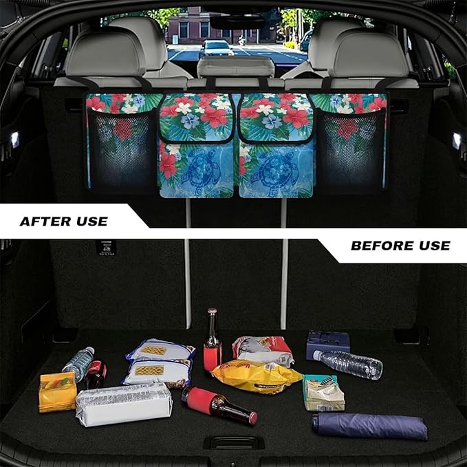 Dreaweet Hibiscus Flower Print Trunk Organizer for Car Women Collapsible Trunk Hanging Organizer Backseat Bag Blue Sea Turtle Car Storage Accessories with 2 Pockets & 2 Mesh Pouches for Groceries