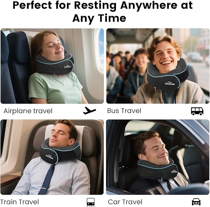 Travel Neck Pillow for Airplane -360° Support, Stocking Stuffers, Memory Foam Travel Pillows for Airplanes With Eye Mask & Earplugs, Portable Carry Bag for Long Flights/Car| Airplane Accessories