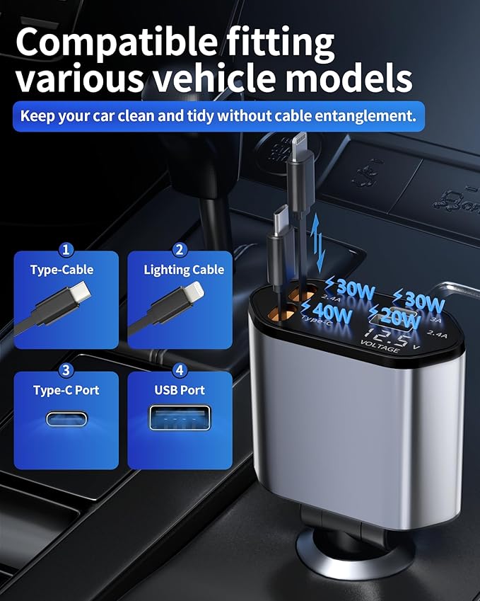 Retractable Car Charger, 4 in 1 Fast Charging Car Charger with USB-C & USB-A, Compatible with iPhone 17/16/15/14/13/12/11,Galaxy,Pixel, Car Accessories for Men Women Drivers