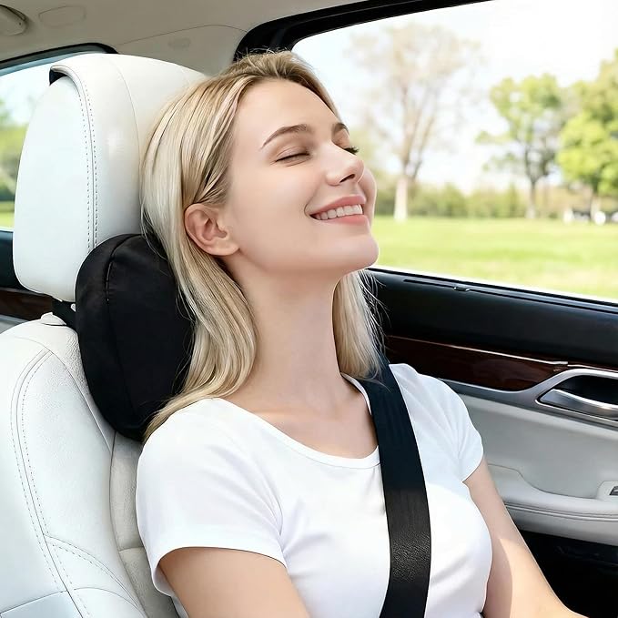 2PCS Car Pillow for Car Neck Pillow for Driving Seat Leather Neck Support Soft Cushion Back Support Head-Rests for Vehicle Sleeping with Elastic Adjustment Strap (Black, Head)