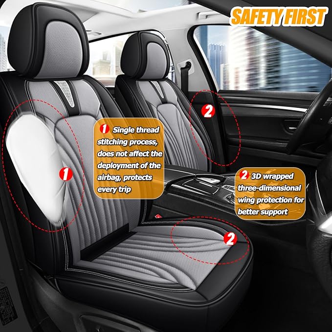 Car Seat Covers Full Set for 5 Seats - Nappa Leather 3D Foam Back Support, Super Breathable, All Season Car Seat Cushion with Storage Bags, Universal Fit for Most Cars, Colour- Black Gray