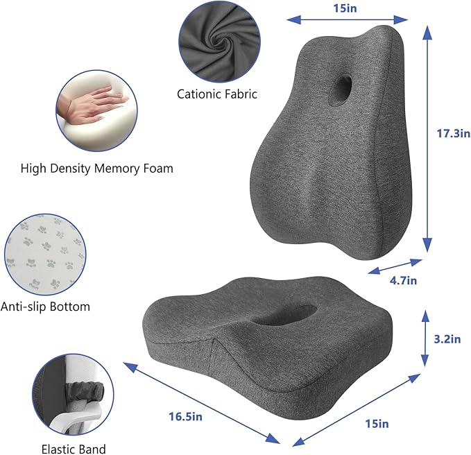 JIPORIER Seat Cushion & Lumbar Support Pillow Set for Office Chair, Ergonomic Pillow for Sciatica Pain Relief, Memory Foam Back Support Pillow & Chair Cushion for Car seat, Desk Chair (Grey)