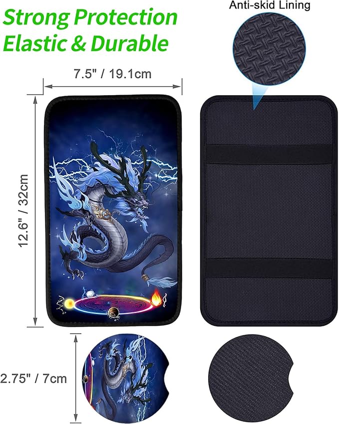 JANENFNA Car Armrest Cover Pads Universal Fashion Cute Auto Center Console Armrest Cover Pad with 2PCS Car Coasters Soft Waterproof Car Armrest Seat Protector for Women,King Dragon