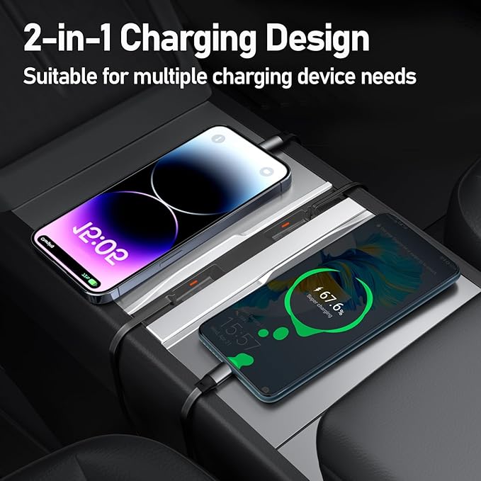 USB Charger Hub for Tesla Model Y 2021-2024 & Model 3 2021-2023 Accessories, Fast Charging Hub with Sliding Cover with Type-C+Lightning Retractable Cables (Not Fit Model 3 2024)