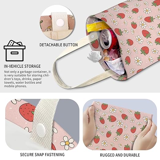 AXZOPDE Cute Car Trash Can, Hanging Canvas Car Back Seat Organizer and Storage Bag, Funny Car Trash Bag For Travelling, Outdoor Cute Pink Strawberry Flowers