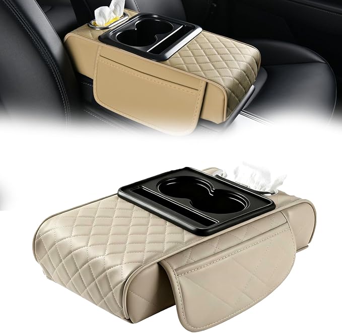 Multifunctional PU Leather Car Armrest Box Mat Organizer with Cup Holders, Universal 5-in-1 Car Armrest Storage Box Mat with Central Elbow for Most Cars (Beige)