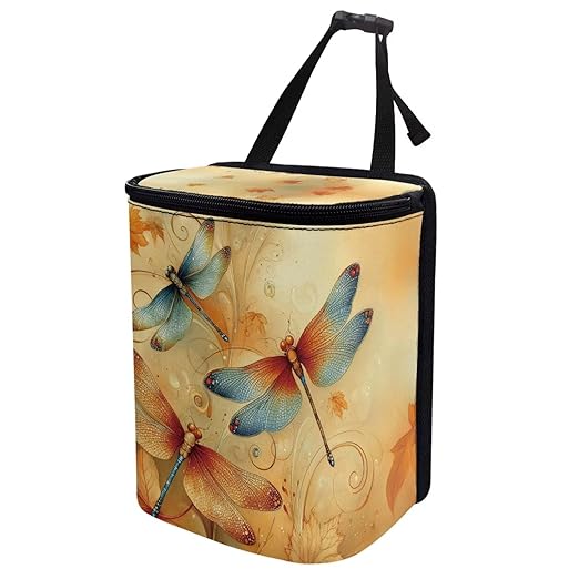 Car Trash Can with Lid Hanging Car Trash Bag Leak-Proof Portable Cars Garbage Bin Sedan Accessories Interior Cars Organizer, Dragonfly Print