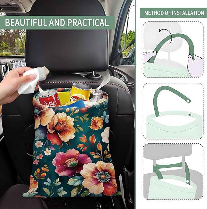 Cute Car Trash Can, Hanging Canvas Car Back Seat Organizer and Storage Bag, Funny Car Trash Bag for Travelling, Outdoor Colorful Flower