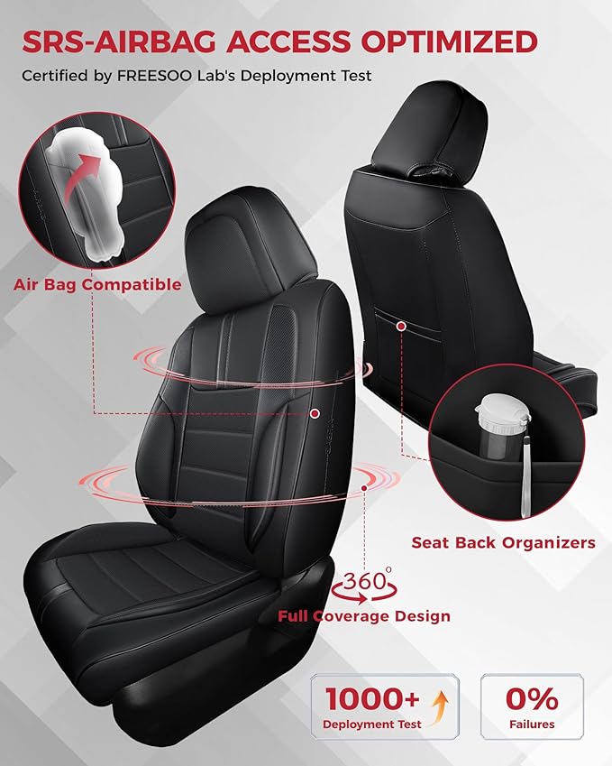 FREESOO Black Car Seat Covers Full Set - Faux Nappa Leather Seat Covers for Cars, with Front Seatbelt Pads, Waterproof Breathable Cushion Protectors Fit for Most 5 Seats Automative Sedans SUV Trucks