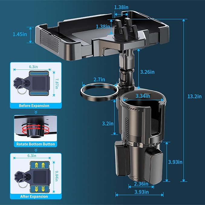 Car Food Tray with Expandable Cup Holder Tray and 360°Phone Stand,4 in 1 Detachable & Rotation car Tray with 2 Cup Holder Adapter with Expandable Base for car,Travel Road Essentials