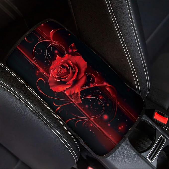Mintutlipy 3D Red Rose Car Center Console Cover Car Storage Box Mat Car Decoration Universal 12.3×7.5 Inches Armrest Protector for Most Cars
