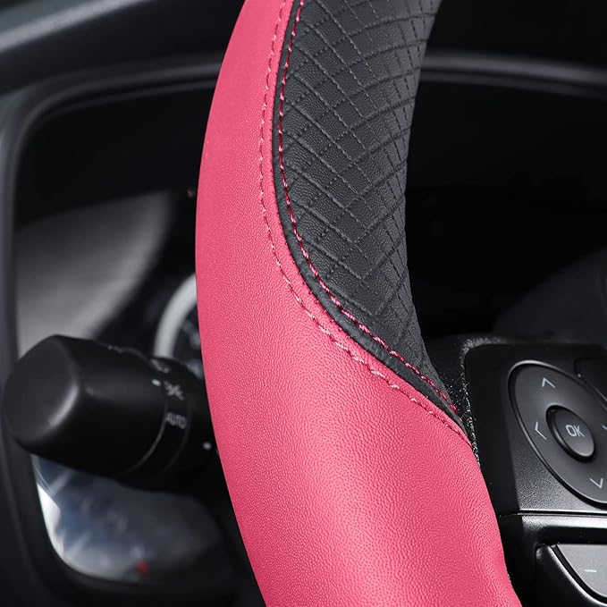 Auto Car Leather Steering Wheel Cover Anti Slip Wrap 15" (Hot Pink)