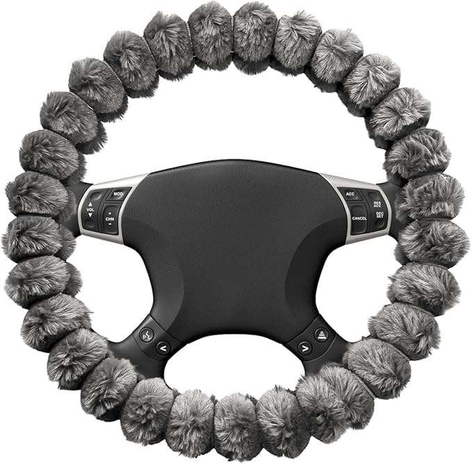 Fluffy Car Steering Wheel Cover, 14.5-15 Inches Anti-Slip Plush Fuzzy Steering Wheel Protector, Soft Warm Steering Wheel Cover Interior Decor for Women Girl, Car Accessories (Gray)