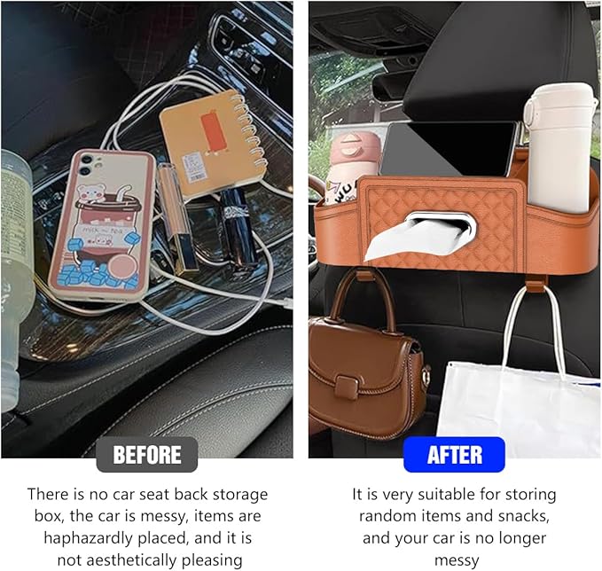 Mandark Car Headrest Backseat Organizer, Multifunctional Vehicle Seat Back Storage Box with Drink Cup Holder and Hooks, Automotive Travel Accessories, Universal for SUV, Sedan, Truck (Orange)